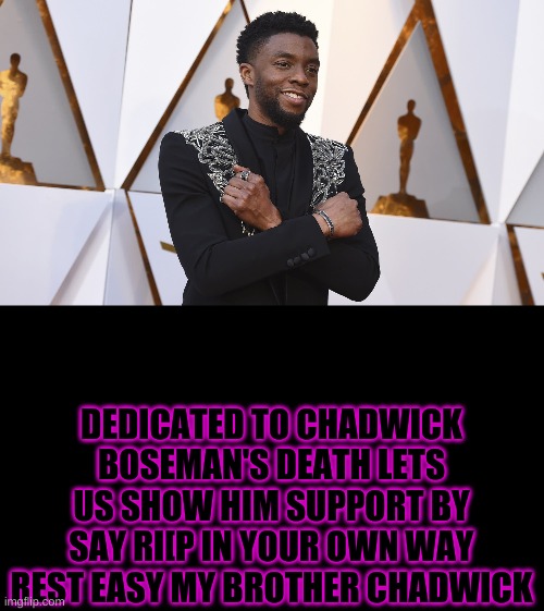 hes not my real brother but f in the chat.    1976-2020: chadwick boseman | DEDICATED TO CHADWICK BOSEMAN'S DEATH LETS US SHOW HIM SUPPORT BY SAY RI[P IN YOUR OWN WAY REST EASY MY BROTHER CHADWICK | image tagged in rip,chadwick boesman | made w/ Imgflip meme maker