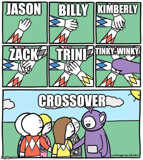 Crossover! | BILLY; KIMBERLY; JASON; TINKY-WINKY; ZACK; TRINI; CROSSOVER | image tagged in power ranger teletubbies | made w/ Imgflip meme maker