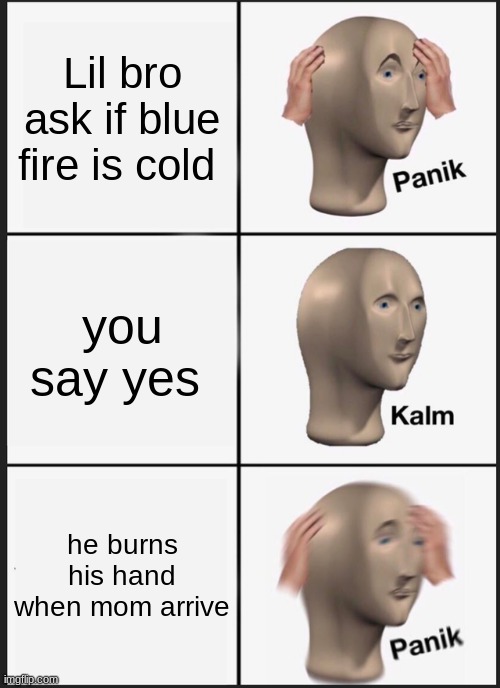 Panik Kalm Panik | Lil bro ask if blue fire is cold; you say yes; he burns his hand when mom arrive | image tagged in memes,panik kalm panik | made w/ Imgflip meme maker
