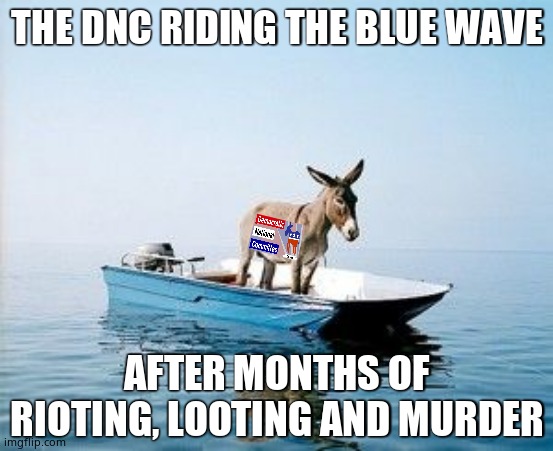 Train weekend | THE DNC RIDING THE BLUE WAVE; AFTER MONTHS OF RIOTING, LOOTING AND MURDER | image tagged in donkey on a boat,dnc,riots,blm are marxists | made w/ Imgflip meme maker