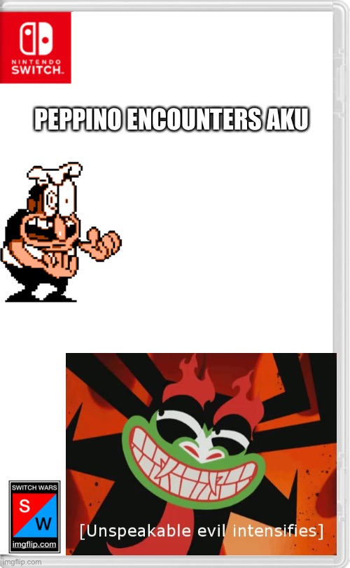 Peppino is about to fight the shapeshifting dark monster! | PEPPINO ENCOUNTERS AKU | image tagged in switch wars template,pizza tower,samurai jack,aku,switch wars,memes | made w/ Imgflip meme maker