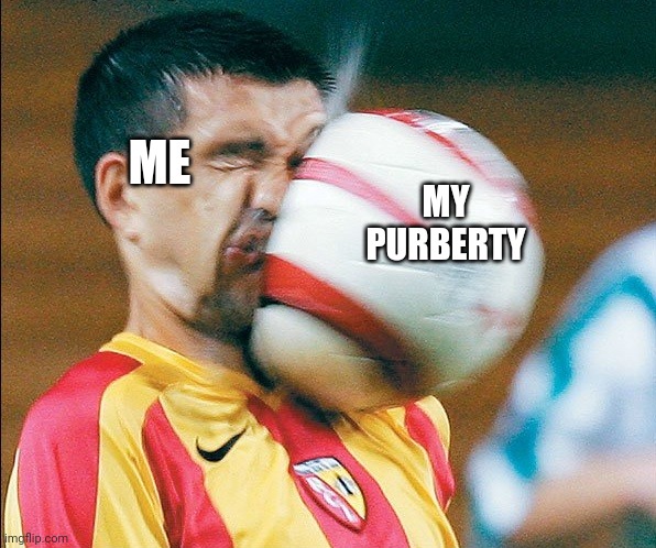 So true | MY PURBERTY; ME | image tagged in getting hit in the face by a soccer ball | made w/ Imgflip meme maker