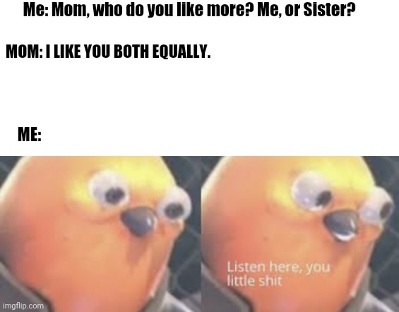 ? | Me: Mom, who do you like more? Me, or Sister? MOM: I LIKE YOU BOTH EQUALLY. ME: | image tagged in listen here you little shit bird | made w/ Imgflip meme maker