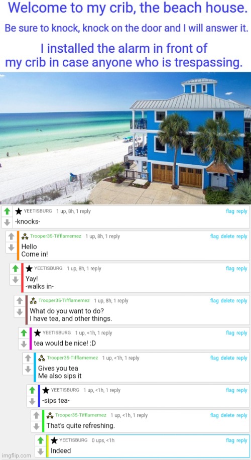 What a fun conversation we had | image tagged in tea,beach,house,comments,comment section,comment | made w/ Imgflip meme maker