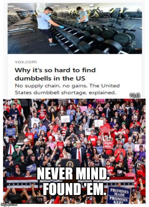 No dumbbell shortage here! | NLG; NEVER MIND. 
FOUND 'EM. | image tagged in politics,political meme,political,political humor | made w/ Imgflip meme maker