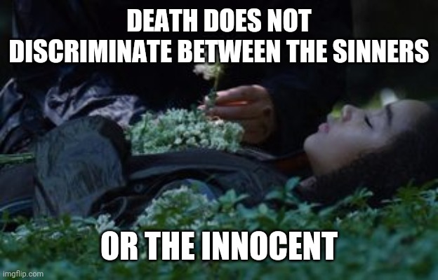 Death does not discriminate | DEATH DOES NOT DISCRIMINATE BETWEEN THE SINNERS; OR THE INNOCENT | image tagged in sad | made w/ Imgflip meme maker