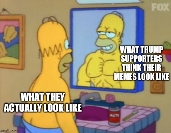 Buff homer trumpster | WHAT TRUMP SUPPORTERS THINK THEIR MEMES LOOK LIKE; WHAT THEY ACTUALLY LOOK LIKE | image tagged in trump supporters memes | made w/ Imgflip meme maker