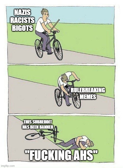 Bike Fall Meme | NAZIS
RACISTS
BIGOTS; RULEBREAKING
MEMES; THIS SUBREDDIT
HAS BEEN BANNED; "FUCKING AHS" | image tagged in bike fall | made w/ Imgflip meme maker