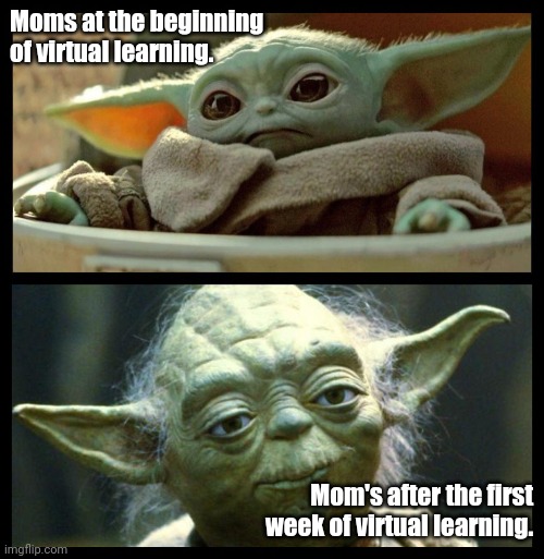 baby yoda | Moms at the beginning of virtual learning. Mom's after the first week of virtual learning. | image tagged in baby yoda | made w/ Imgflip meme maker