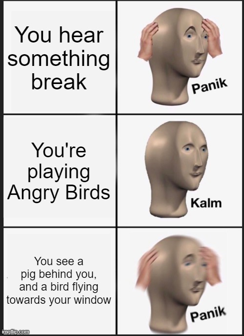 Panik Kalm Panik | You hear something break; You're playing Angry Birds; You see a pig behind you, and a bird flying towards your window | image tagged in memes,panik kalm panik | made w/ Imgflip meme maker