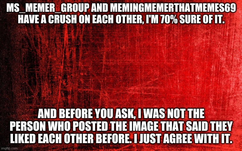 Red Background | MS_MEMER_GROUP AND MEMINGMEMERTHATMEMES69 HAVE A CRUSH ON EACH OTHER, I'M 70% SURE OF IT. AND BEFORE YOU ASK, I WAS NOT THE PERSON WHO POSTED THE IMAGE THAT SAID THEY LIKED EACH OTHER BEFORE. I JUST AGREE WITH IT. | image tagged in red background | made w/ Imgflip meme maker