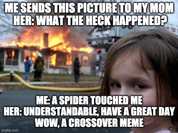 Disaster Girl | ME SENDS THIS PICTURE TO MY MOM
 HER: WHAT THE HECK HAPPENED? ME: A SPIDER TOUCHED ME
HER: UNDERSTANDABLE, HAVE A GREAT DAY


WOW, A CROSSOVER MEME | image tagged in memes,disaster girl | made w/ Imgflip meme maker