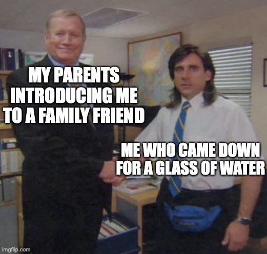 the office congratulations | MY PARENTS INTRODUCING ME TO A FAMILY FRIEND; ME WHO CAME DOWN FOR A GLASS OF WATER | image tagged in the office congratulations | made w/ Imgflip meme maker