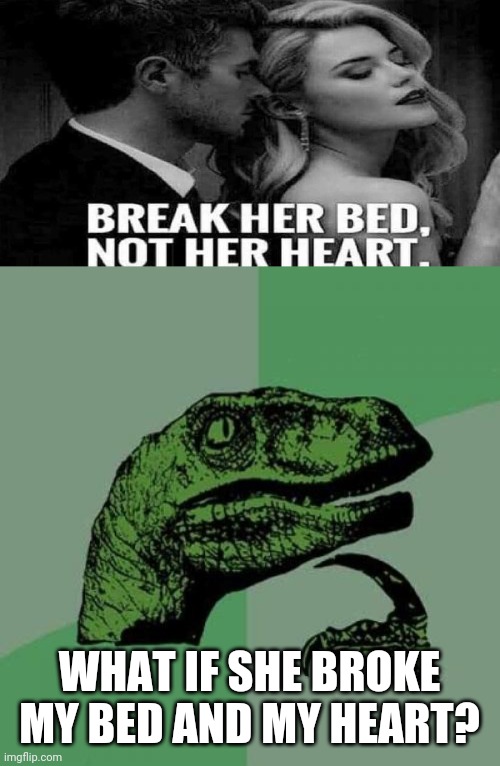 WHAT IF SHE BROKE MY BED AND MY HEART? | image tagged in memes,philosoraptor | made w/ Imgflip meme maker