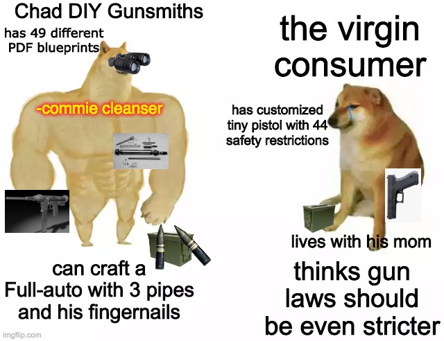 ULTIMATE GUN OWNER | Chad DIY Gunsmiths; the virgin consumer; has 49 different PDF blueprints; has customized tiny pistol with 44 safety restrictions; -commie cleanser; lives with his mom; can craft a Full-auto with 3 pipes and his fingernails; thinks gun laws should be even stricter | image tagged in buff doge vs cheems,firearms | made w/ Imgflip meme maker