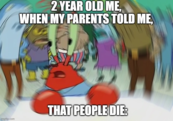 My life has changed | 2 YEAR OLD ME, WHEN MY PARENTS TOLD ME, THAT PEOPLE DIE: | image tagged in memes,mr krabs blur meme | made w/ Imgflip meme maker