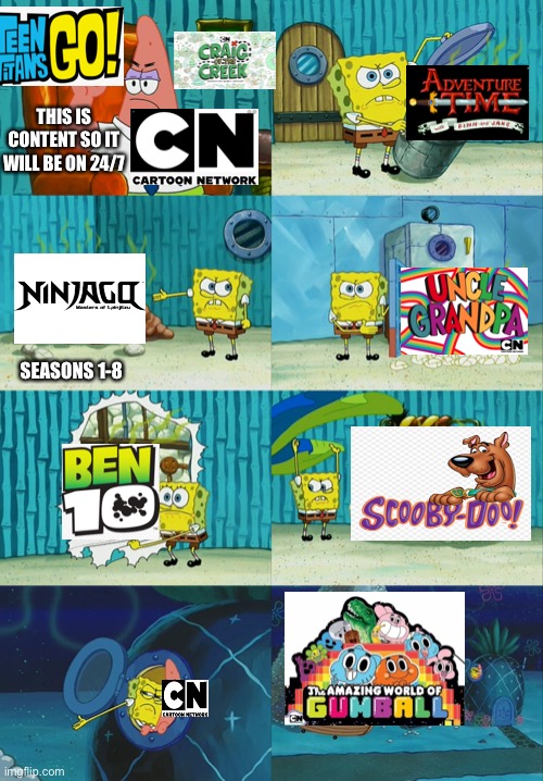 Spongebob diapers meme | THIS IS CONTENT SO IT WILL BE ON 24/7; SEASONS 1-8 | image tagged in spongebob diapers meme | made w/ Imgflip meme maker