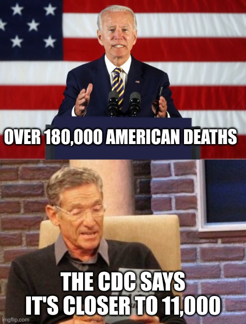 Joe wants you to keep buyin' the lyin' | OVER 180,000 AMERICAN DEATHS; THE CDC SAYS IT'S CLOSER TO 11,000 | image tagged in memes,maury lie detector,joe biden podium | made w/ Imgflip meme maker
