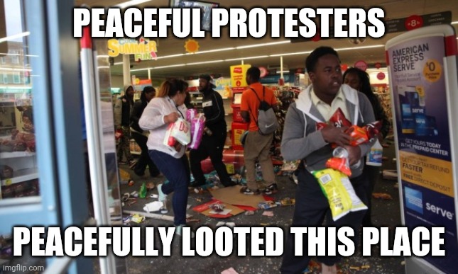 looters | PEACEFUL PROTESTERS; PEACEFULLY LOOTED THIS PLACE | image tagged in looters | made w/ Imgflip meme maker