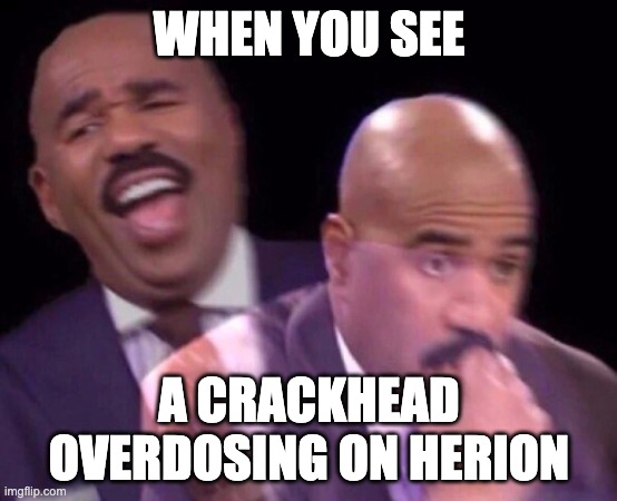 Steve Harvey Laughing Serious | WHEN YOU SEE; A CRACKHEAD OVERDOSING ON HERION | image tagged in steve harvey laughing serious | made w/ Imgflip meme maker