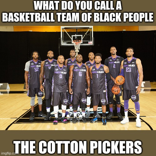 not going to lie, would wear the   jersey for that team | WHAT DO YOU CALL A BASKETBALL TEAM OF BLACK PEOPLE; THE COTTON PICKERS | image tagged in offensive | made w/ Imgflip meme maker
