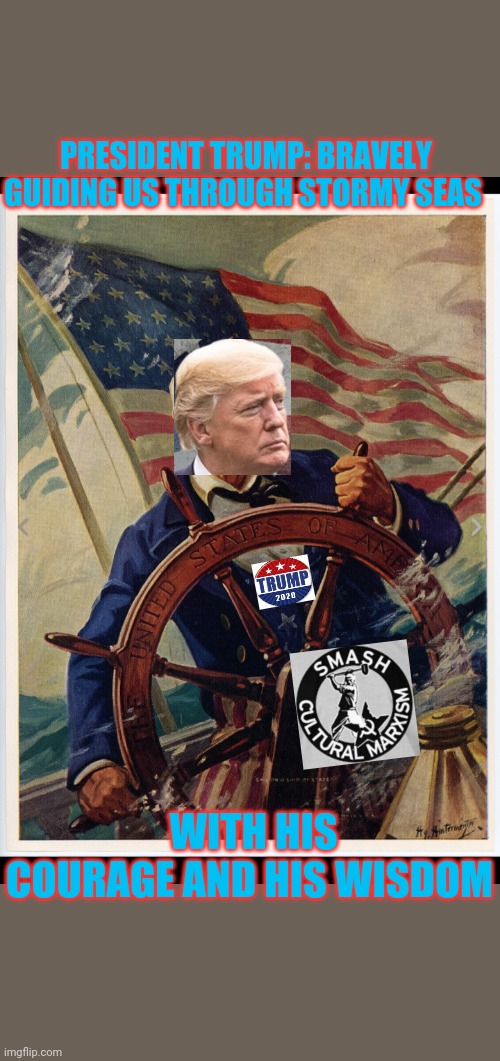 VOTE TRUMP 2020 | PRESIDENT TRUMP: BRAVELY GUIDING US THROUGH STORMY SEAS; WITH HIS COURAGE AND HIS WISDOM | image tagged in vote,trump 2020,democrats,suck,moose | made w/ Imgflip meme maker