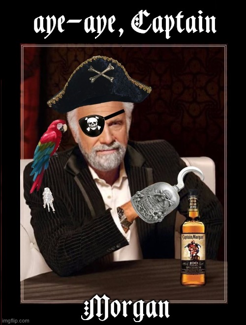 I may not really be the most interesting man in the world, but after a fifth of rum I think I am |  aye-aye, Captain; Morgan | image tagged in vince vance,captain morgan,most interesting man in the world,parrot,hook,patch | made w/ Imgflip meme maker
