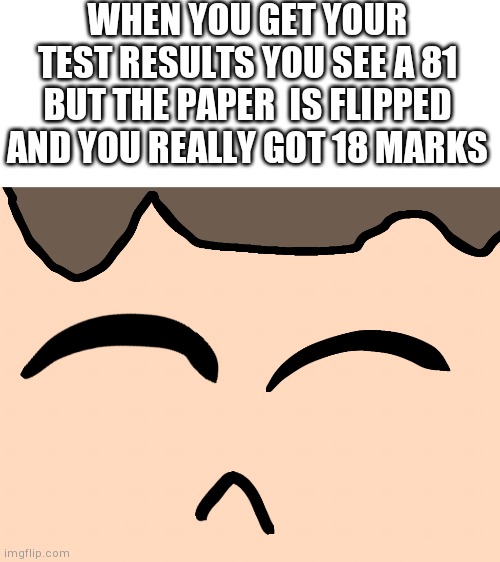 OOF | WHEN YOU GET YOUR TEST RESULTS YOU SEE A 81 BUT THE PAPER  IS FLIPPED AND YOU REALLY GOT 18 MARKS | image tagged in test | made w/ Imgflip meme maker