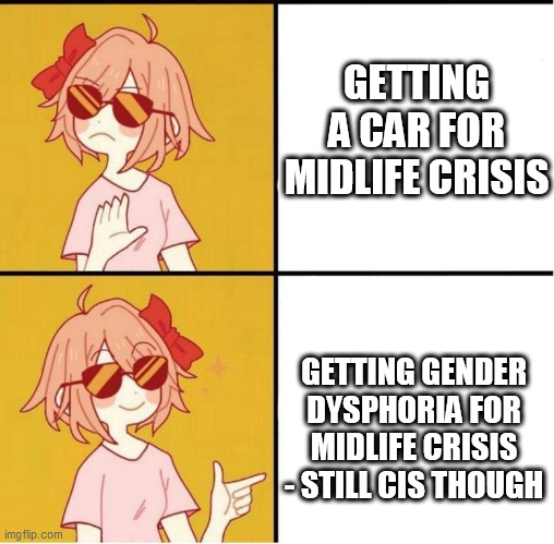 Sayori Drake | GETTING A CAR FOR MIDLIFE CRISIS; GETTING GENDER DYSPHORIA FOR MIDLIFE CRISIS - STILL CIS THOUGH | image tagged in sayori drake,egg_irl | made w/ Imgflip meme maker