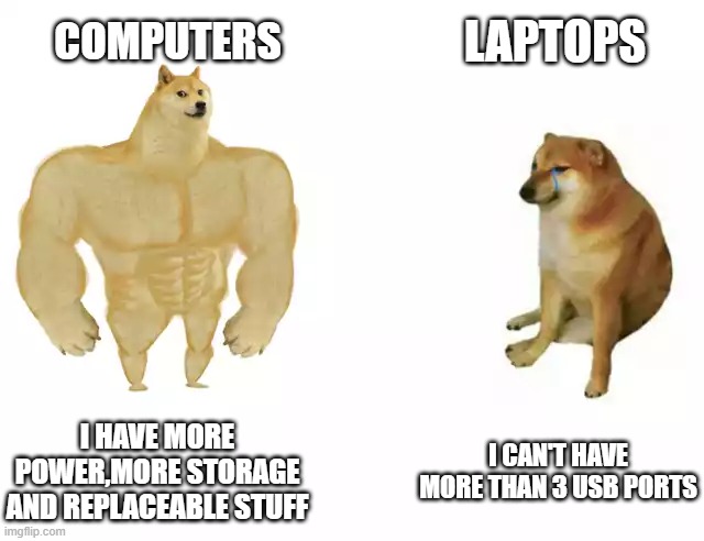 E | LAPTOPS; COMPUTERS; I HAVE MORE POWER,MORE STORAGE AND REPLACEABLE STUFF; I CAN'T HAVE MORE THAN 3 USB PORTS | image tagged in buff doge vs cheems | made w/ Imgflip meme maker