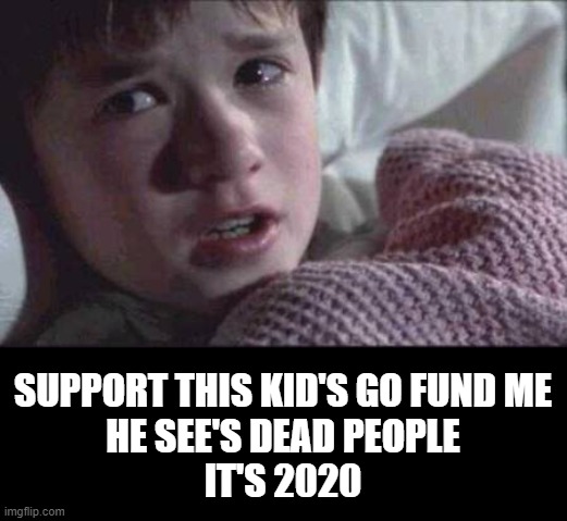He's got a lot to see this year. | SUPPORT THIS KID'S GO FUND ME
HE SEE'S DEAD PEOPLE
IT'S 2020 | image tagged in memes,i see dead people,2020,go fund me | made w/ Imgflip meme maker