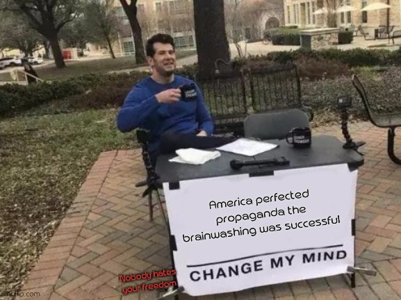 I pledge my life to fear | America perfected propaganda the brainwashing was successful; Nobody hates your freedom | image tagged in memes,change my mind | made w/ Imgflip meme maker