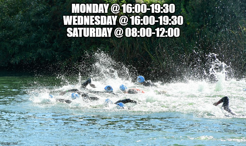 swim page title | MONDAY @ 16:00-19:30
WEDNESDAY @ 16:00-19:30
SATURDAY @ 08:00-12:00 | image tagged in swimming | made w/ Imgflip meme maker