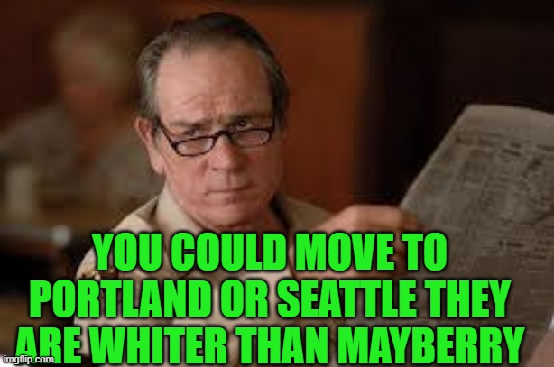 no country for old men tommy lee jones | YOU COULD MOVE TO PORTLAND OR SEATTLE THEY ARE WHITER THAN MAYBERRY | image tagged in no country for old men tommy lee jones | made w/ Imgflip meme maker