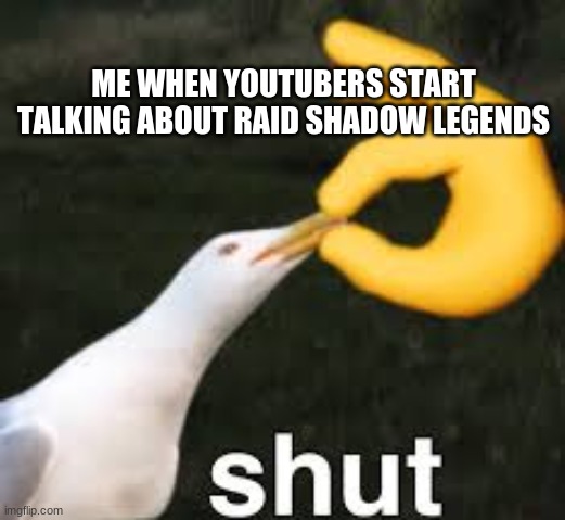 BE SILENT | ME WHEN YOUTUBERS START TALKING ABOUT RAID SHADOW LEGENDS | image tagged in shut bird | made w/ Imgflip meme maker