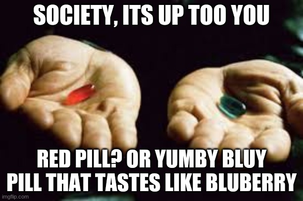 Yumby | SOCIETY, ITS UP TOO YOU; RED PILL? OR YUMBY BLUY PILL THAT TASTES LIKE BLUBERRY | image tagged in jokes,memes,funny memes,political meme,yummy,five nights at freddys | made w/ Imgflip meme maker