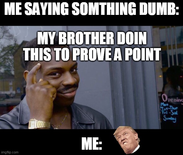 Roll Safe Think About It Meme | ME SAYING SOMTHING DUMB:; MY BROTHER DOIN THIS TO PROVE A POINT; ME: | image tagged in memes,roll safe think about it | made w/ Imgflip meme maker