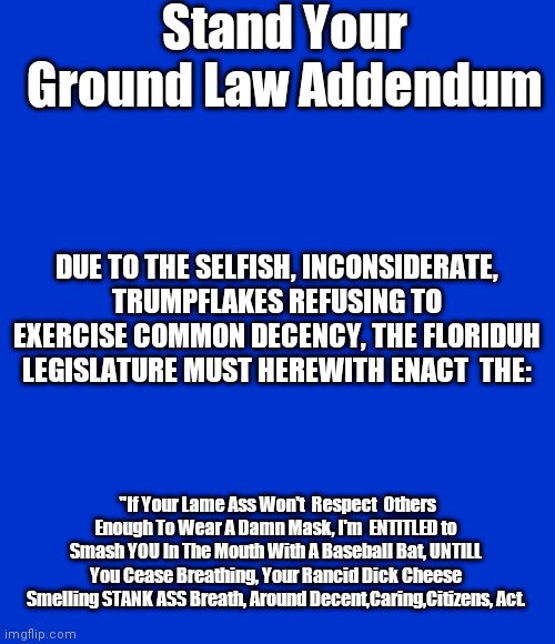 Blank Blue - large | Stand Your Ground Law Addendum; DUE TO THE SELFISH, INCONSIDERATE, TRUMPFLAKES REFUSING TO EXERCISE COMMON DECENCY, THE FLORIDUH LEGISLATURE MUST HEREWITH ENACT  THE:; "If Your Lame Ass Won't  Respect  Others Enough To Wear A Damn Mask, I'm  ENTITLED to Smash YOU In The Mouth With A Baseball Bat, UNTILL You Cease Breathing, Your Rancid Dick Cheese Smelling STANK ASS Breath, Around Decent,Caring,Citizens, Act. | image tagged in blank blue - large | made w/ Imgflip meme maker