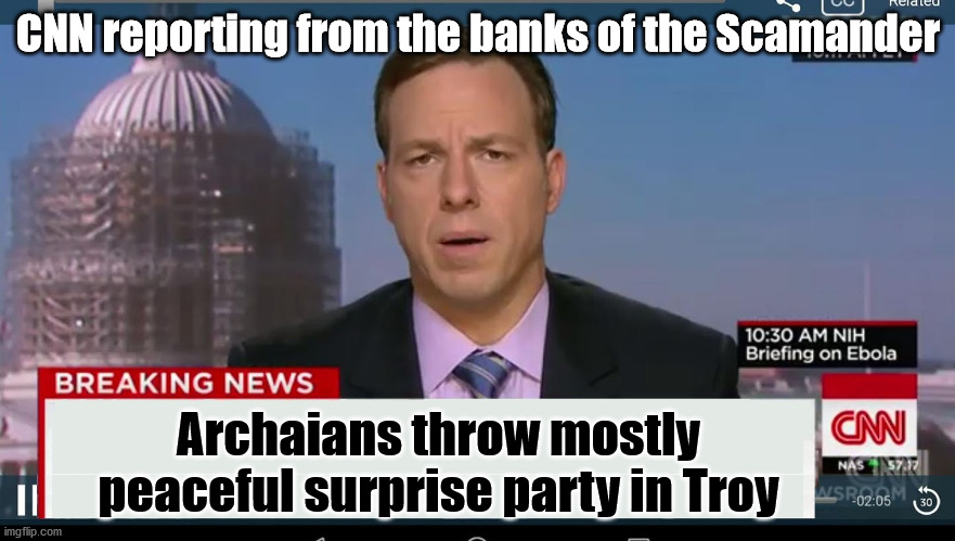 Mostly peaceful horseplay | CNN reporting from the banks of the Scamander; Archaians throw mostly peaceful surprise party in Troy | image tagged in cnn breaking news template,troy,iliad,troyan war,cnn | made w/ Imgflip meme maker