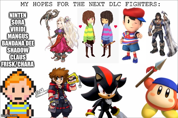 My hopes,...(there is no chance these guys are probably comin in...TwT) | MY HOPES FOR THE NEXT DLC FIGHTERS:; NINTEN
SORA
VIRIDI
MANGUS
BANDANA DEE
SHADOW
CLAUS
FRISK/CHARA | image tagged in white screen,super smash bros,dlc | made w/ Imgflip meme maker