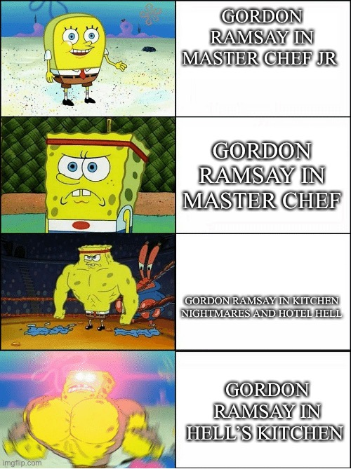 Gordon Ramsay | GORDON RAMSAY IN MASTER CHEF JR; GORDON RAMSAY IN MASTER CHEF; GORDON RAMSAY IN KITCHEN NIGHTMARES AND HOTEL HELL; GORDON RAMSAY IN HELL’S KITCHEN | image tagged in sponge finna commit muder | made w/ Imgflip meme maker