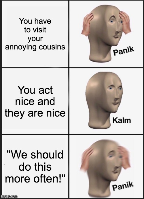 Uhh, Not Again! | You have to visit your annoying cousins; You act nice and they are nice; "We should do this more often!" | image tagged in memes,panik kalm panik | made w/ Imgflip meme maker