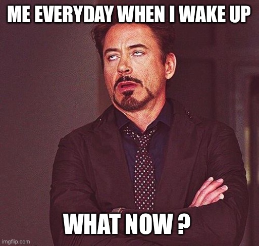 Robert Downey Jr Annoyed | ME EVERYDAY WHEN I WAKE UP WHAT NOW ? | image tagged in robert downey jr annoyed | made w/ Imgflip meme maker