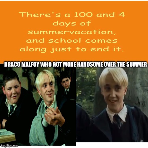 His glow up is legendary | DRACO MALFOY WHO GOT MORE HANDSOME OVER THE SUMMER | image tagged in draco malfoy,harry potter,phineas and ferb,memes | made w/ Imgflip meme maker