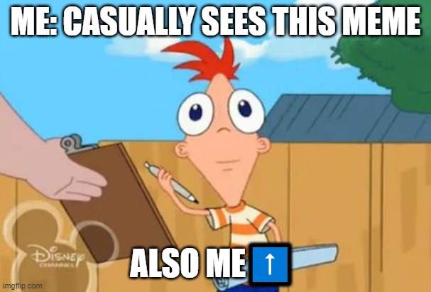 Phineas front face | ME: CASUALLY SEES THIS MEME ALSO ME⬆️ | image tagged in phineas front face | made w/ Imgflip meme maker