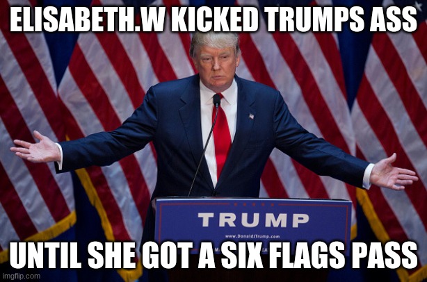 Donald Trump | ELISABETH.W KICKED TRUMPS ASS; UNTIL SHE GOT A SIX FLAGS PASS | image tagged in donald trump | made w/ Imgflip meme maker