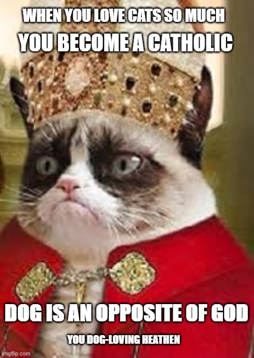 Catholicism is an addiction to cats | YOU BECOME A CATHOLIC; WHEN YOU LOVE CATS SO MUCH; DOG IS AN OPPOSITE OF GOD; YOU DOG-LOVING HEATHEN | image tagged in grumpy catholic | made w/ Imgflip meme maker