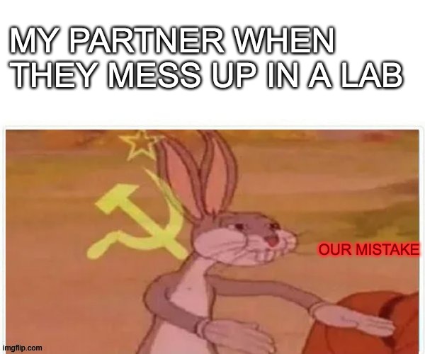 communist bugs bunny | MY PARTNER WHEN THEY MESS UP IN A LAB; OUR MISTAKE | image tagged in communist bugs bunny | made w/ Imgflip meme maker