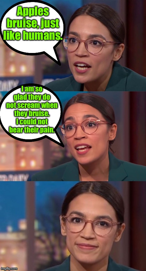 Compassionate AOC | Apples bruise, just like humans. I am so glad they do not scream when they bruise. I could not bear their pain. | image tagged in aoc dialog,apples,people,bruise,scream | made w/ Imgflip meme maker