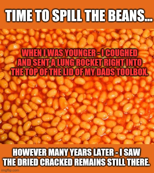 We all did stupid or gross stuff | TIME TO SPILL THE BEANS... WHEN I WAS YOUNGER - I COUGHED AND SENT A LUNG ROCKET RIGHT INTO THE TOP OF THE LID OF MY DADS TOOLBOX. HOWEVER MANY YEARS LATER - I SAW THE DRIED CRACKED REMAINS STILL THERE. | image tagged in beans | made w/ Imgflip meme maker